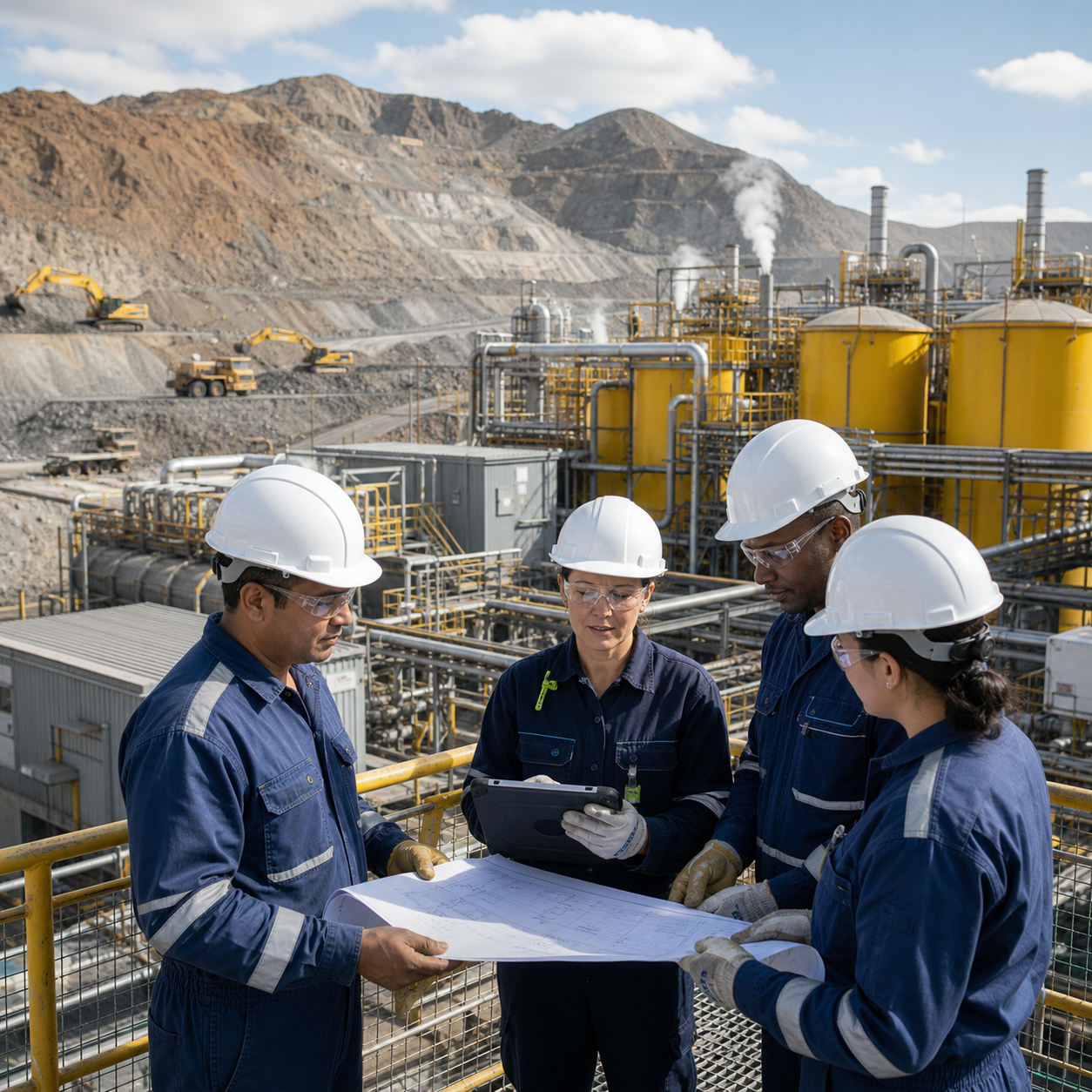 Four engineers review technical plans at a sulfuric acid processing facility near an open-pit mine.