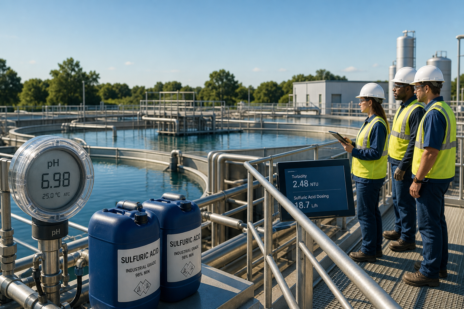 Engineers monitor pH, turbidity, and sulfuric acid dosing at an industrial water treatment facility.